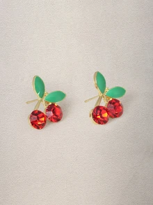 Hatastic 1pair Rhinestone Decor Cherry Design Stud Earrings - Multicolor - View 3