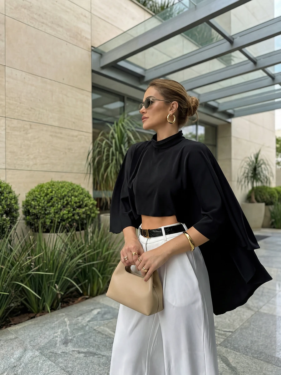 Women's Black Asymmetric Hem Fashion Party Casual Cape Elegant Shawl-Style Blouse - Black - View 1