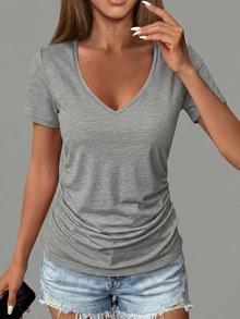 Women's Casual Short Sleeve V-Neck T-Shirt - Loose Fit Solid Color Gray Top, Machine Washable, Versatile For All Seasons, Daily Wear, Pleated Design, Comfortable Summer - Grey - View 1