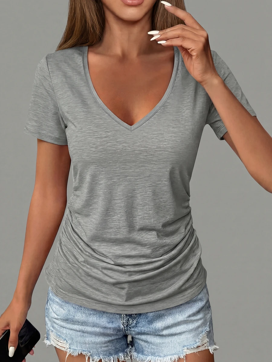 Women's Casual Short Sleeve V-Neck T-Shirt - Loose Fit Solid Color Gray Top, Machine Washable, Versatile For All Seasons, Daily Wear, Pleated Design, Comfortable Summer - Grey - View 1