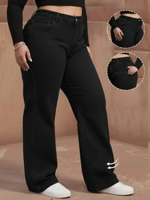 Jeans de pierna ancha para mujer talla grande, diseño de bolsillo lavado largo, sin estiramiento, adecuado para uso diario en primavera - Negro - Ver 2