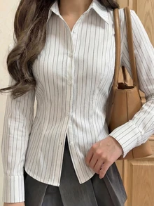性感短款衬衫，纽扣长袖条纹可爱优雅休闲女式上衣，春夏假日/情人节白色 - 白色 - 查看 2