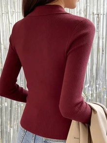 New Women's Ribbed Polo Knit Sweater, Slim Fit, Versatile For Commuting, Autumn/Winter - Burgundy - View 2