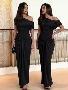 Women's Elegant Party Sexy Ruched Asymmetric Shoulder Bodycon Dress - Black - View 2