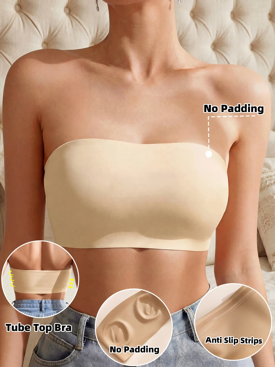 女士无肩带无缝隐形文胸抹胸文胸露背透气无钢圈文胸新娘文胸提托性感内衣 - 米色 - 查看 1