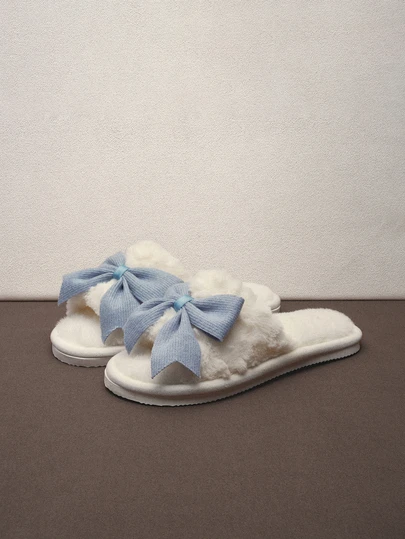 Hatastic Pantofole aperte e comode con fiocco, per donna, adatte per primavera e autunno. Pantofole di pelliccia calde per l'inverno da usare in casa, scarpe pelose, per Natale