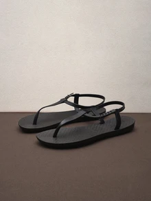 Hatastic Fashionable Casual Round Ring Toe Post Roman Style Flat Sandals - Black - View 1