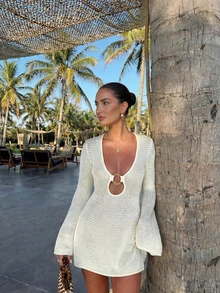 Women's Hollow Out Beach Vacation Dress With Ring, Long Sleeve Knit Cover Up, Slim Fit, Versatile & Fashionable For Summer - Apricot - View 1