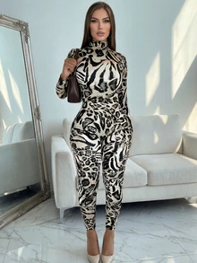 女士时尚豹纹高领性感紧身连体裤 春假 - 灰色 - 查看 1