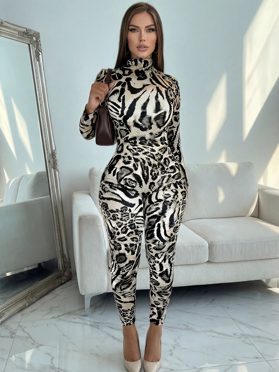 女士时尚豹纹高领性感紧身连体裤 春假 - 灰色 - 查看 1