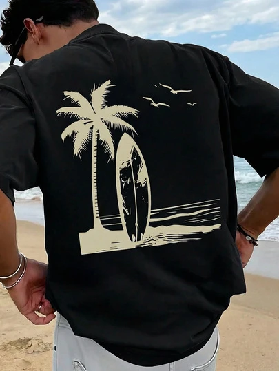 男士印花T恤，沙滩夏季休闲装，宽松短袖。这款男士T恤采用休闲度假风格设计，非常适合海滩度假以及日常穿着。