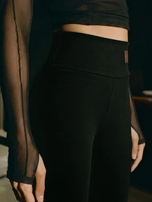 Women's Elegant High Waist Flare Pants - Stretchy Fabric Skinny Pants, Mid-Rise Wide Leg Design, Elastic Comfortable Waistband, Casual Style - Black - View 7