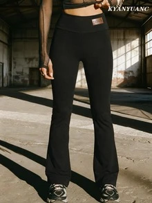 Women's Elegant High Waist Flare Pants - Stretchy Fabric Skinny Pants, Mid-Rise Wide Leg Design, Elastic Comfortable Waistband, Casual Style - Black - View 2