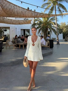 Women's Hollow Out Beach Vacation Dress With Ring, Long Sleeve Knit Cover Up, Slim Fit, Versatile & Fashionable For Summer - Apricot - View 2