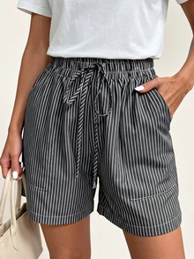 女士条纹口袋松紧腰经典休闲短裤，春夏款 - 黑與白 - 查看 1