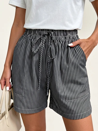 Pantalones cortos clásicos y casuales de mujer con bolsillos y cintura elástica a rayas, para primavera/verano