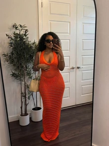 Women's Red Tie Strap Cropped Sleeveless Backless Deep V-Neck Sexy Bohemian Style Fitted Long Dress, Suitable For Beach, Beach Party, Music Festival And Cocktail Party - Red - View 3