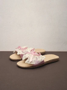 Hatastic 女士亚麻拖鞋，情侣室内外皆宜，防滑透气蕾丝蝴蝶结装饰轻便凉拖，适合春季、秋季及所有季节的音乐节 - 粉色 - 查看 1
