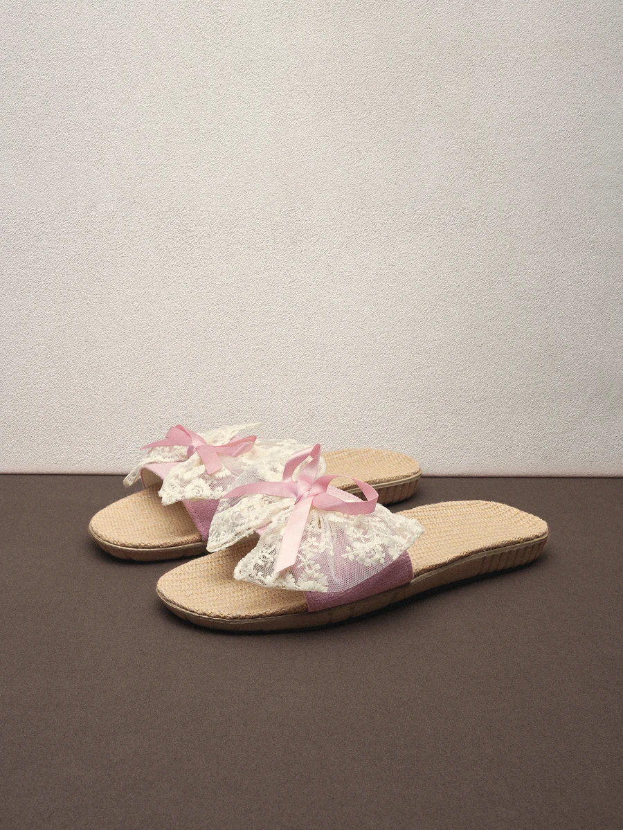 Hatastic 女士亚麻拖鞋，情侣室内外皆宜，防滑透气蕾丝蝴蝶结装饰轻便凉拖，适合春季、秋季及所有季节的音乐节 - 粉色 - 查看 1