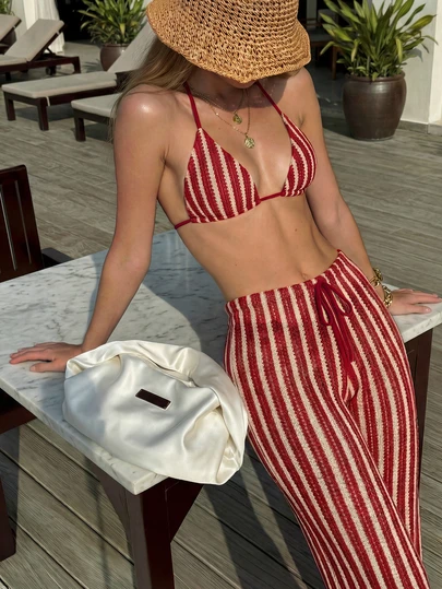 3 piezas Conjunto de bikini de punto a rayas sexy - Top triangular + Bottom de cintura baja + Pantalones de pierna ancha ajustables | Traje de baño de vacaciones en la playa retro Verano Rojo