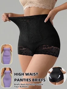High Waist Snug Fit Panties, Lace Trim Decor, Compression Butt Lift, Breathable Beige, Elegant Shaping, Waist Shaping, Seamless Design, Lightweight & Comfortable, Daily Shapewear - Black - View 2