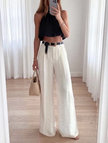 Quần ống rộng cạp cao màu trắng, kiểu dáng thanh lịch thường ngày dành cho nữ, phù hợp mặc hàng ngày, đi nghỉ mát, du lịch, mùa xuân/hè. - trắng - Xem 2