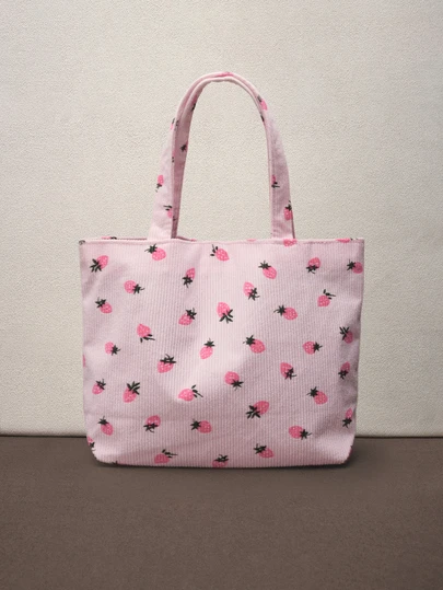 Hatastic Cute Strawberry Printed Tote Bag, Stylish Large Capacity Shoulder Bag With Corduroy Material For Women, & Cute Strawberry Purse Valentines, Tote Bags For Students, Multiple Compartments, Perfect For Beach, School Suitable For Teen Girls Women College Students, Perfect For Back To School, First Day Of School, Holiday, Vacation, Concert, Tote Bags For School,College Essentials, Perfectly Matching With Fall Outfits Women, Strawberry Music Fest