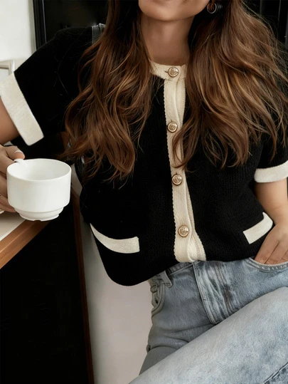 MORI撞色圆领短袖针织开衫，女士春夏新款时尚优雅简约黑色办公/休闲宽松舒适夏季外套