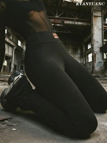 Women's Elegant High Waist Flare Pants - Stretchy Fabric Skinny Pants, Mid-Rise Wide Leg Design, Elastic Comfortable Waistband, Casual Style - Black - View 4