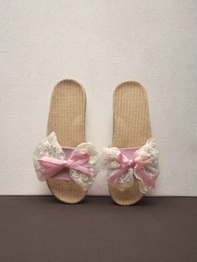 Hatastic 女士亚麻拖鞋，情侣室内外皆宜，防滑透气蕾丝蝴蝶结装饰轻便凉拖，适合春季、秋季及所有季节的音乐节 - 粉色 - 查看 4