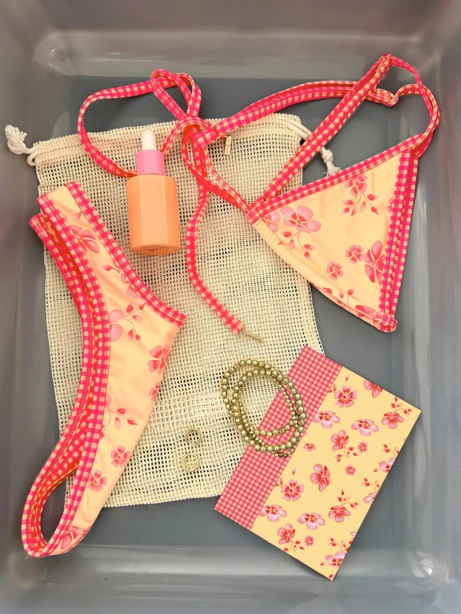 女士印花比基尼沙滩套装，夏季度假泳装及沙滩装 - 彩色 - 查看 1