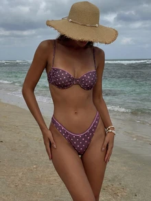 两件套性感夏季比基尼 - 深紫色波点三角比基尼上衣和低腰荷叶边系带比基尼泳裤 | 女士沙滩度假泳装 - 紫色 - 查看 4