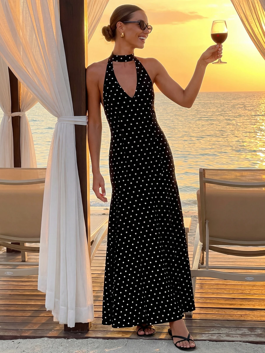 Plameo 复古法式优雅波点露背连衣裙/无袖A字梭织面料系带显瘦夏季连衣裙，适合海滩、约会、晚宴、街头、旅行度假 黑色 - 黑色 - 查看 1