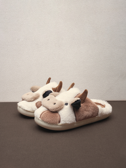 Hatastic 1 Pair Cute Cow Print Slip-On Slippers, Soft Plush Lining, Warm Indoor Shoes, Colorblock, Anti-Slip Sole, Suitable For Home, Winter