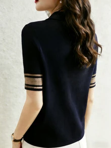 Nueva camiseta tipo polo de punto para mujer, versátil, camiseta interior de manga corta elegante para primavera, otoño y verano - Azul Marino - Ver 2