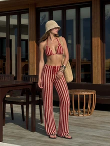 3pcs Sexy Striped Knit Bikini Set - Triangle Top + Low-Waist Bottoms + Adjustable Wide-Leg Pants | Retro Beach Vacation Swimwear - Red - View 4