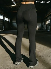 Women's Elegant High Waist Flare Pants - Stretchy Fabric Skinny Pants, Mid-Rise Wide Leg Design, Elastic Comfortable Waistband, Casual Style - Black - View 5