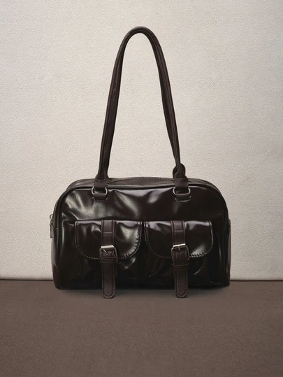 Hatastic 1 תיק כתף מינימליסטי רטרו פתוח עם רוכסן, כיס דקורטיבי, תיק יד כפול עם ידית, מתאים לשימוש יומיומי ופנאי של נשים