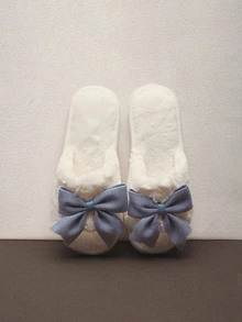Hatastic Dép lê hở mũi thoải mái cho nữ mùa xuân và mùa thu có nơ, dép đi trong nhà ấm áp bằng vải nhung mềm mại cho mùa đông, giày lông, lễ hội âm nhạc Giáng sinh. - Màu xanh lam - Xem 4