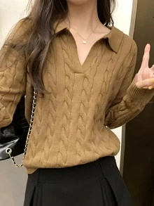 新款女士宽松针织毛衣，麻花针织休闲长袖高领套头衫，秋冬款 - 駝色 - 查看 1