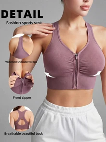 Front Zipper Hollow Back Yoga Sports Bra, Wireless, Shock Absorbing & Shaping, Running Sports Camisole, Fitness Top, For Women - Purple - View 1