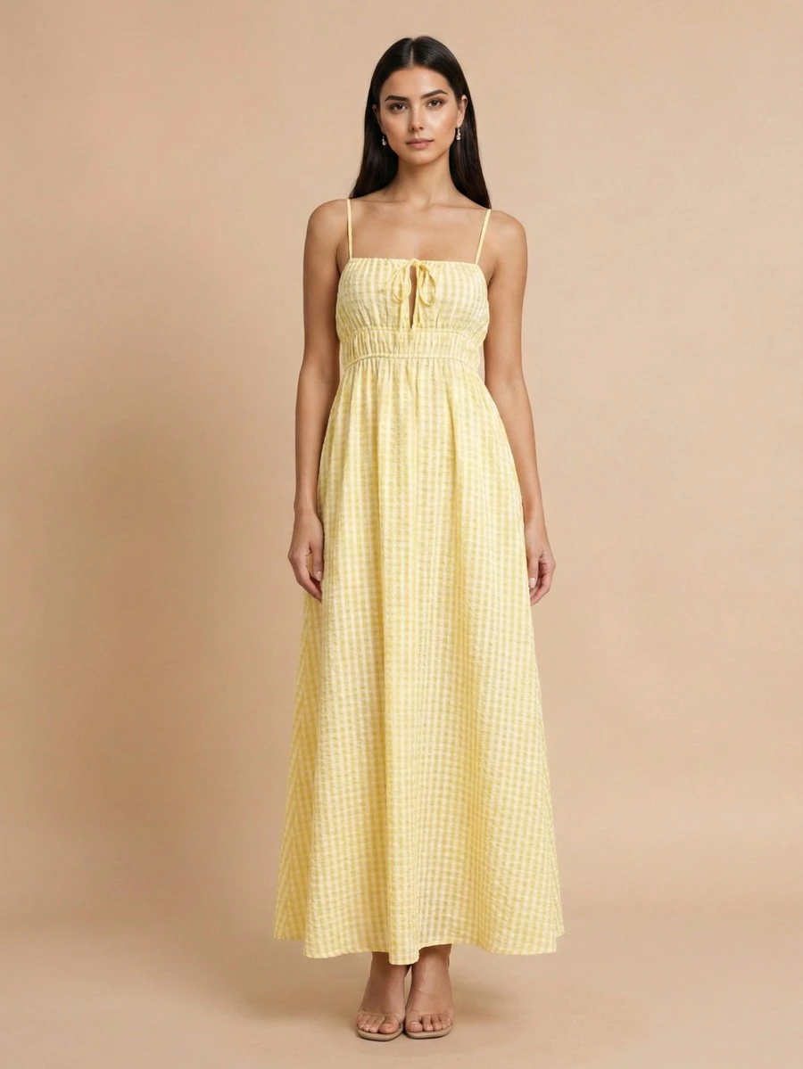 女士优雅格子吊带连衣裙，适合日常穿着、度假和约会 - 黃色 - 查看 1