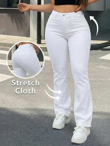 Jeans pour femmes, jeans grande taille, jeans taille haute, jeans effet galbant, jeans blancs extensibles, style décontracté minimaliste, jeans coupe slim, jeans évasés, vêtements décontractés pour femmes, style léger d'été - Blanc - Voir 2