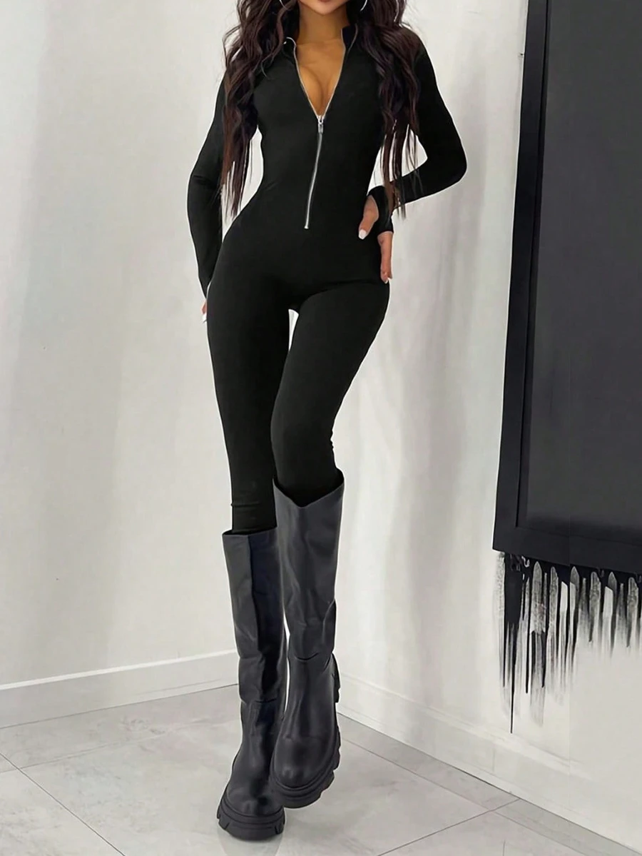 Casual Fashion Front Zipper Fitted Jumpsuit, Autumn/Winter New, Women's Jumpsuit, Autumn Women's Clothing, Black Jumpsuit