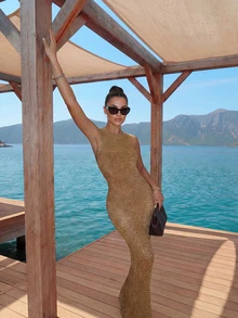 Summer Women's Elegant Gold Lace-Up Cover-Up Dress Fitted And Flattering Sleeveless Tank Dress Beach Vacation Cover-Up Dress Perfect For Everyday Casual Wear, Holiday Dates, Street Style Shoots, Music Festivals, And Beach Parties - Khaki - View 3