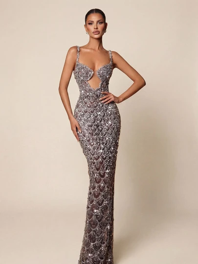 Vestido de noche elegante y lujoso de Astony One con lentejuelas plateadas brillantes, vestido sexy con hombros descubiertos y recortes, vestido ajustado de largo hasta el suelo, adecuado para carnaval, boda, compromiso, cumpleaños, reunión, fiesta, alfombra roja, festival de música, gala benéfica, cena formal y otras ocasiones.