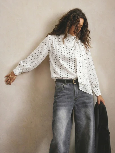 ملابس علوية نسائية أنيقة وعتيقة بطبعة نقاط كبيرة على الرقبة العالية، طويلة الأكمام، مناسبة للعمل والتنقل، للربيع والخريف