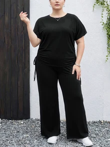 2pcs Plus Size Casual Black Set, Suitable For Summer. Drawstring Short Sleeve T-Shirt And High Waist Wide Leg Pants, Outdoor Sports Slim Fit Comfortable Set - Black - View 2
