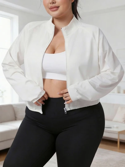 Plus Size Women's Full Zip Stand Collar Pockets Sports Jacket, Outdoor Running Hiking Fitness Coat, Casual Loose Workout Pullover Top