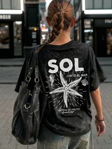 Summer New Simple Fashion Starfish Holiday Style Letter Print Casual Round Neck Tie-Dye Short Sleeve T-Shirt, Fashionable & Versatile Women Top - Black - View 1